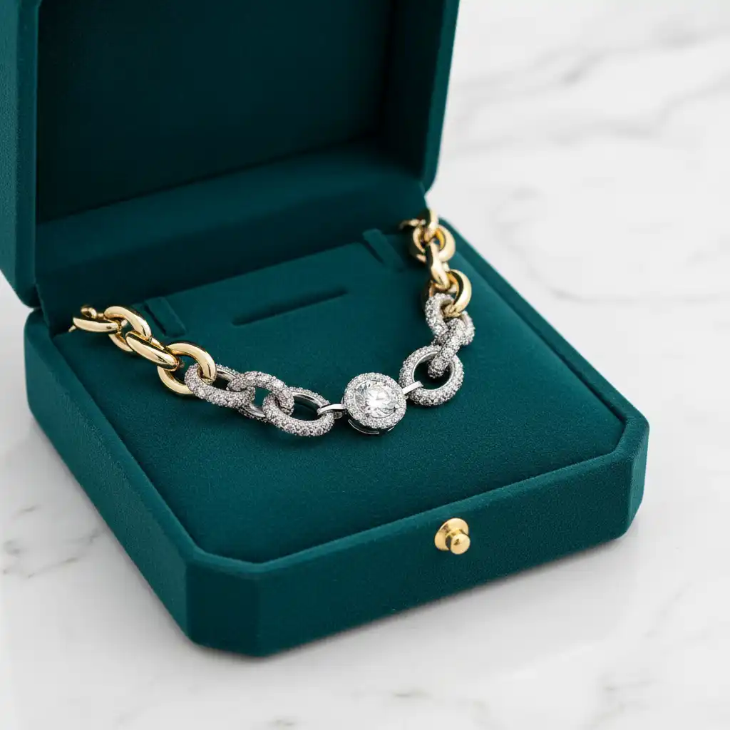 A bespoke chain-link bracelet mixing polished gold and diamond-pavé links with a central round diamond, presented in a green velvet box
