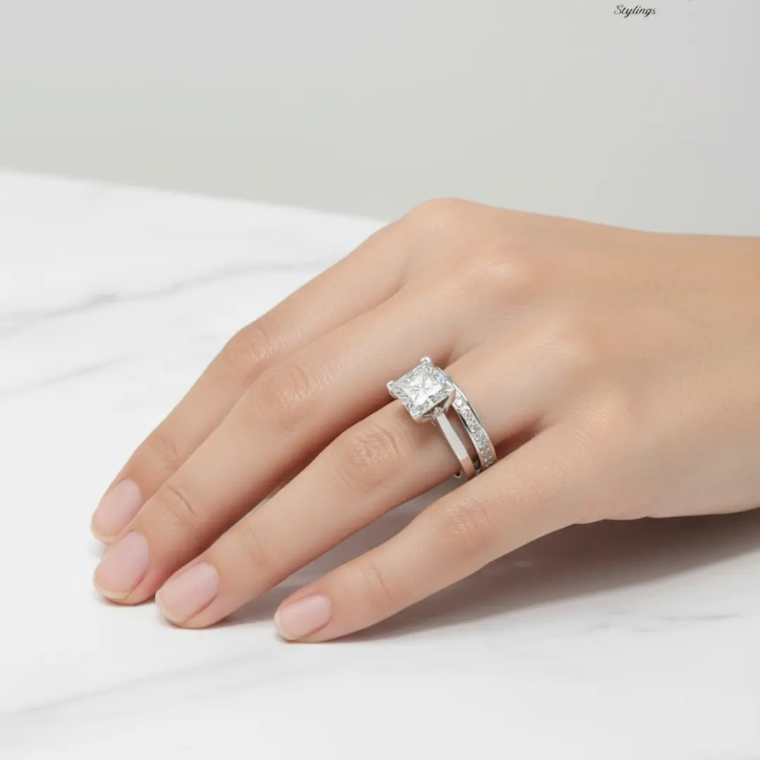 A hand wearing a custom princess-cut diamond engagement ring with a pavé band and matching diamond wedding band