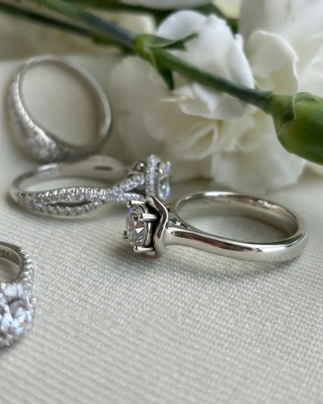 Handcrafted white gold diamond engagement rings and wedding bands, custom made in our Los Angeles studio