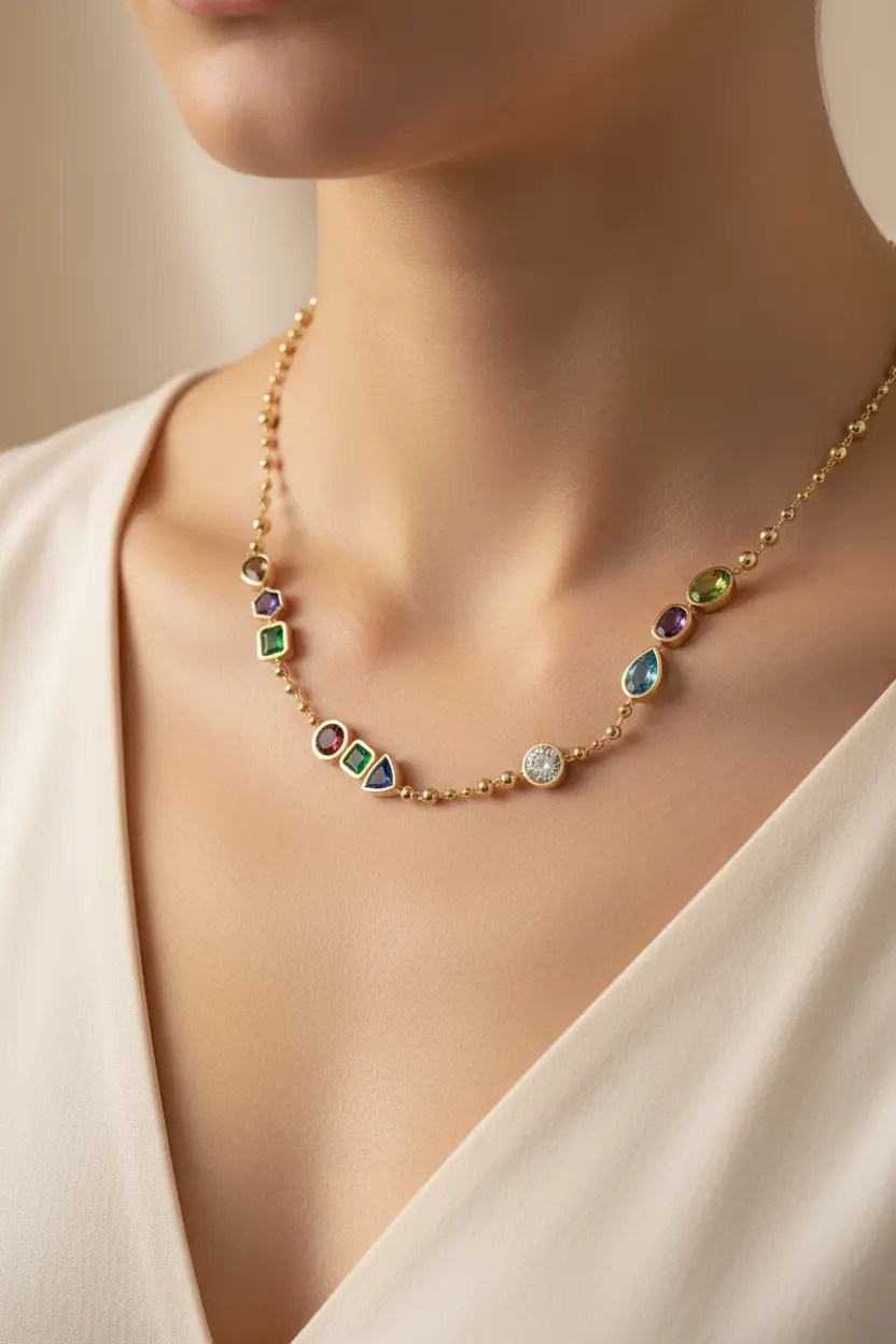 Handcrafted gold necklace set with an array of multicolored gemstones, custom made in our Los Angeles studio