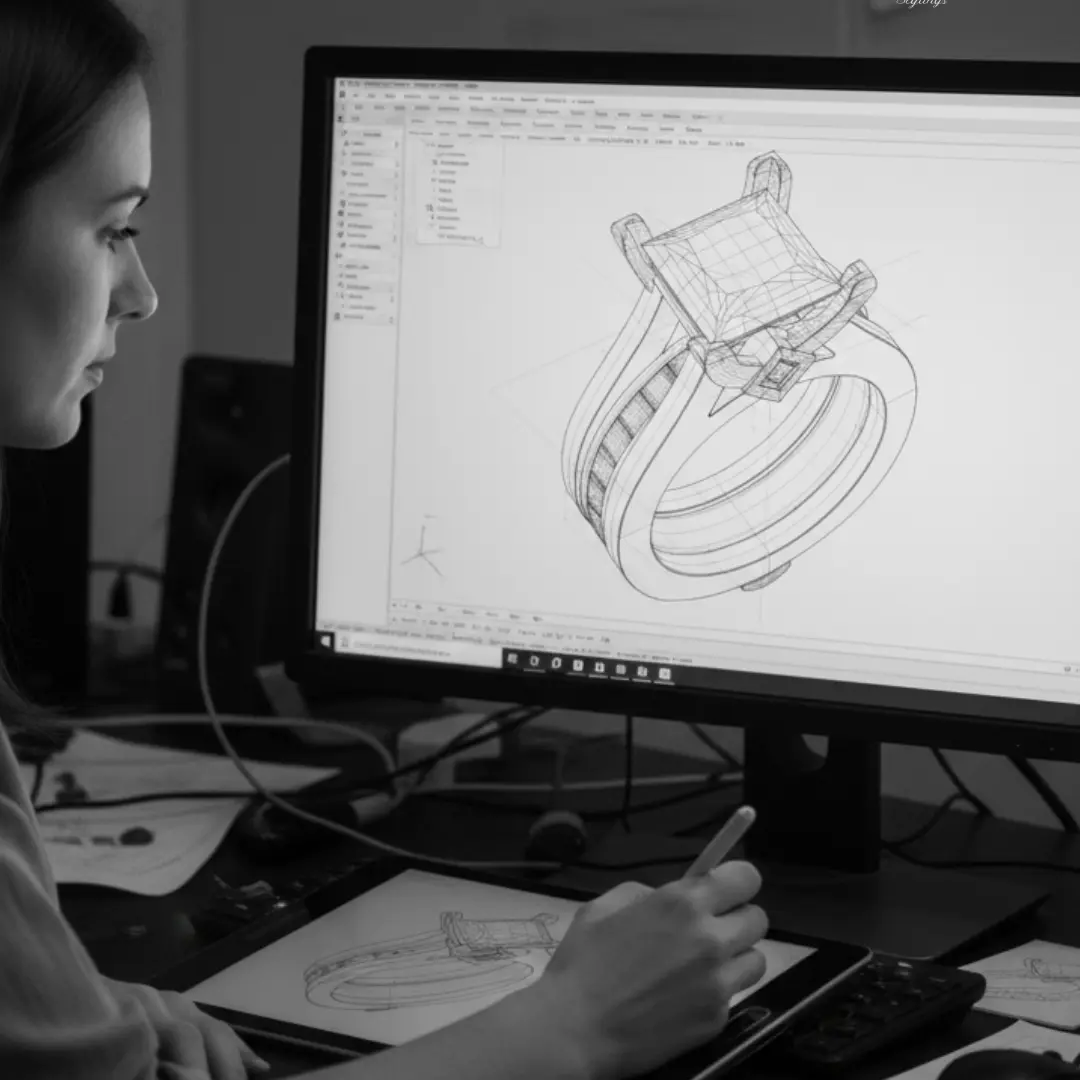 A Lalo Stylings jeweler modeling a ring in 3D CAD software and sketching it by hand while re-creating a piece